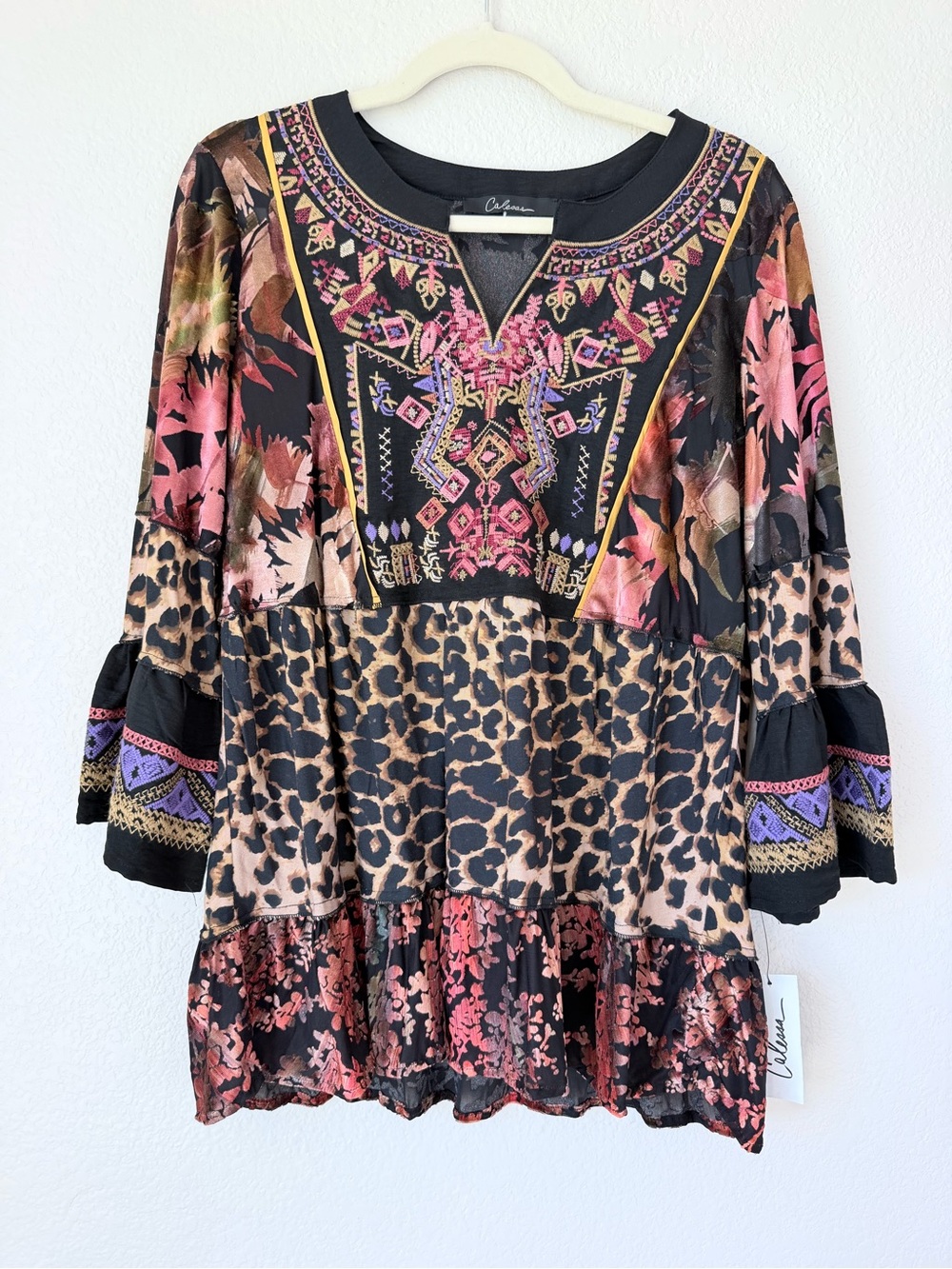 NWT Caleoas PM Embroidered Leopard Floral Tiered Boho Tunic Top Bell Sleeve